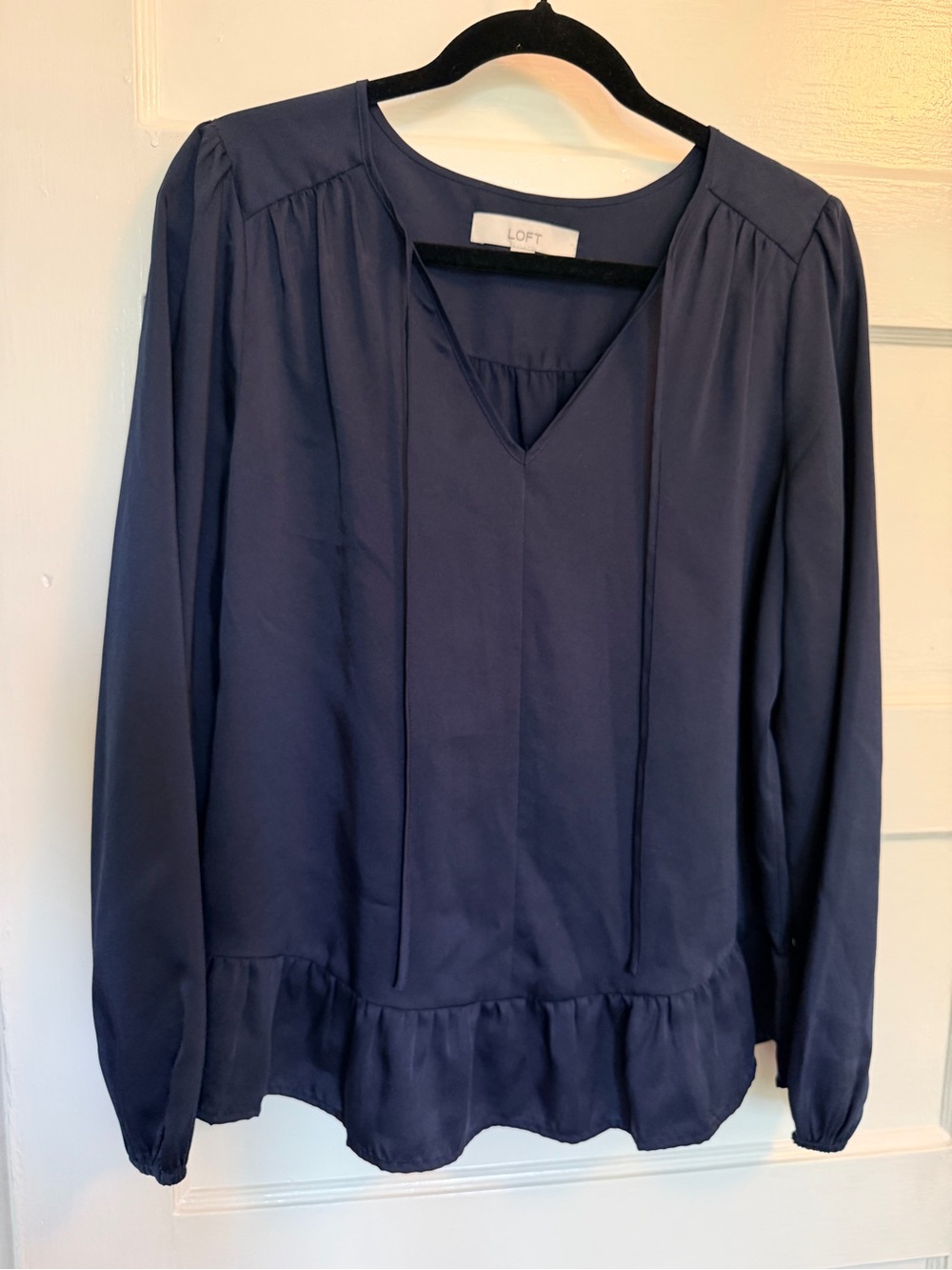 LOFT Navy Long-Sleeve V-Neck Peplum Blouse